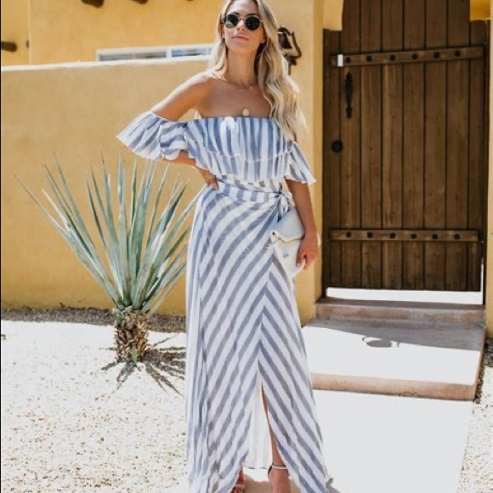 Vici Eclipse Striped Wrap Maxi Dress - Medium Blue & White